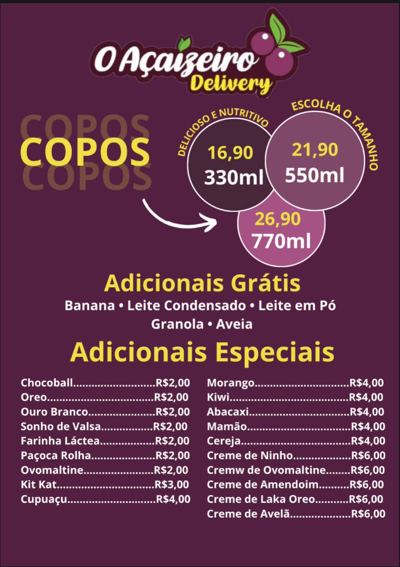 Cardápio original: copos e adicionais do O Açaizeiro Delivery