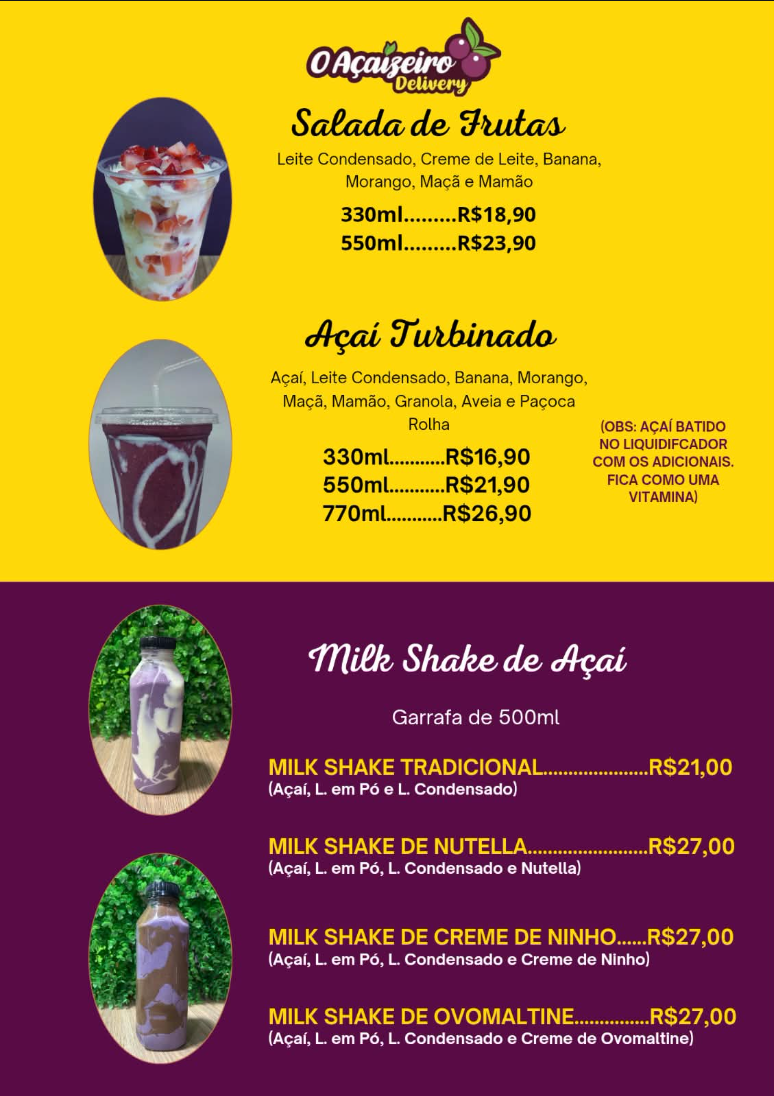 Cardápio original: salada de frutas, açaí turbinado e milk-shakes